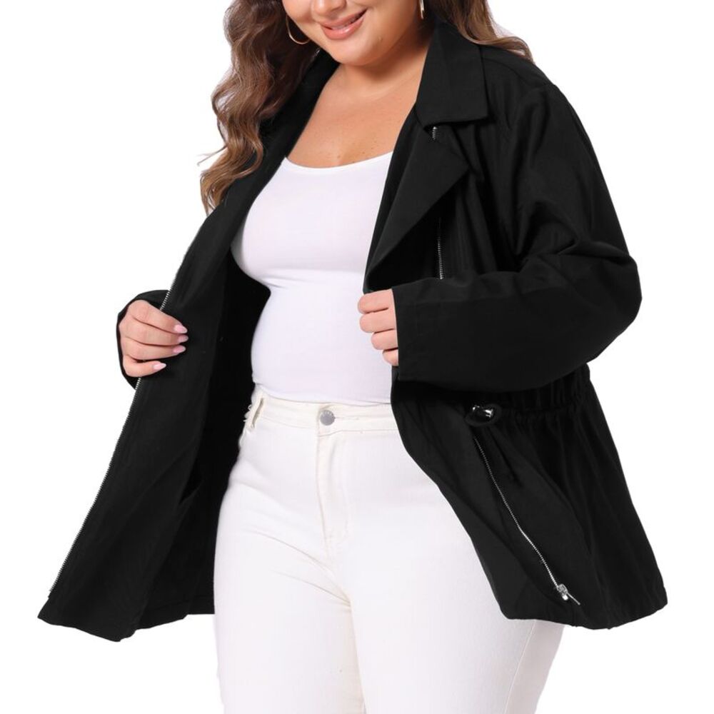 Plus Size Lapel Zipper Front Drawstring Waist Moto Jacket Black - Picture 2 of 6